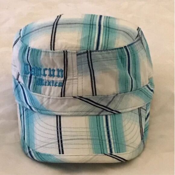 Caribbean Side Women's Cancun Mexico Aqua Blue Plaid Hat - Picture 2 of 11